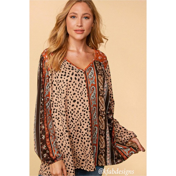 ❤️LAST 1! V Neck Soft Knit Boho Leopard/Floral Color Block Top w/Bubble Sleeves - Picture 8 of 10